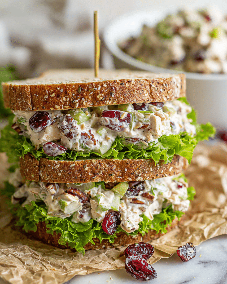 A close-up of a white bowl filled with a chicken salad showing three main layers: the bottom layer has small chunks of white chicken meat, the middle layer contains diced red apples and green celery pieces, and the top layer has dark dried cranberries and small brown nut pieces, all mixed with a creamy white dressing that coats every ingredient. There is a small green sprig of thyme on top, and a silver spoon rests inside the bowl. In the blurred background, slices of bread stacked on a white plate and fresh green leafy vegetables are visible on a white marbled surface. Photo taken with an iphone --ar 4:5 --v 7