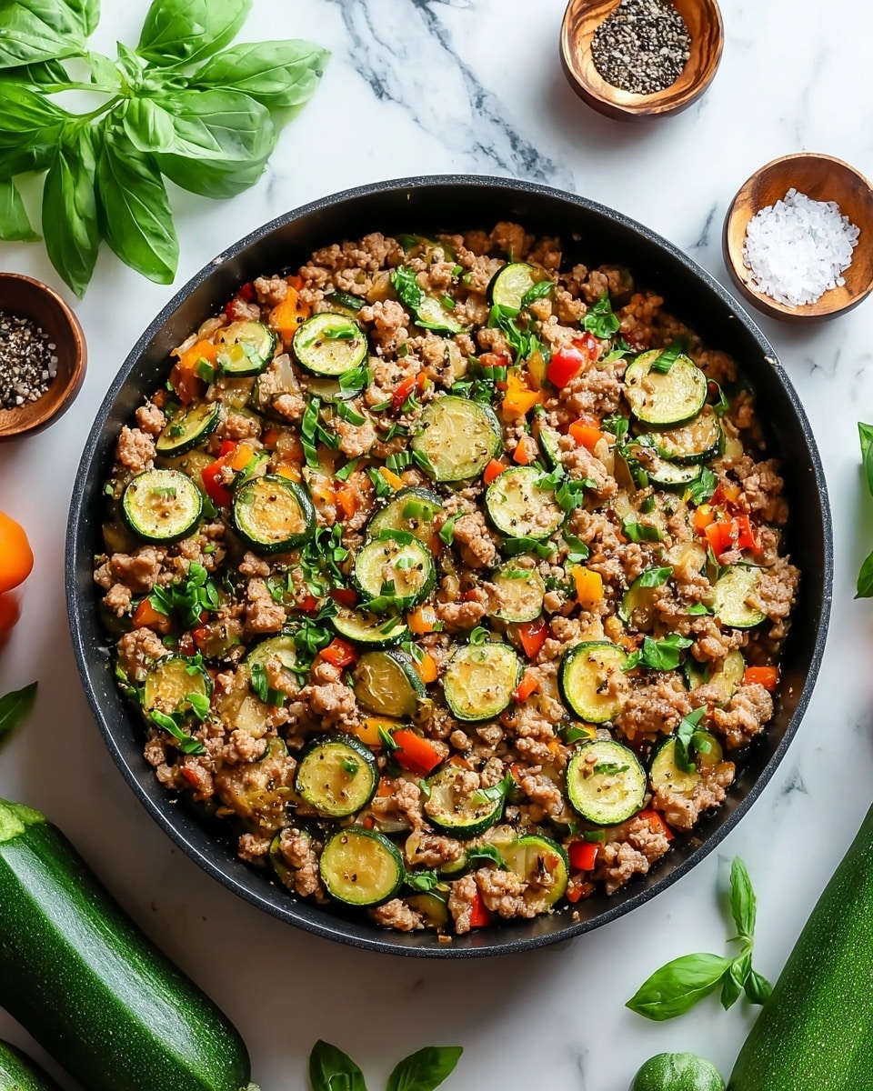A black skillet filled with a cooked dish that has three main layers: the base layer is made of crumbly, cooked ground meat mixed with a reddish sauce; the second layer consists of melted orange cheese spread unevenly across the meat; the top layer has round, thin slices of cooked zucchini scattered evenly with small green herb leaves sprinkled on top. The skillet sits on a white marbled surface. Photo taken with an iphone --ar 4:5 --v 7