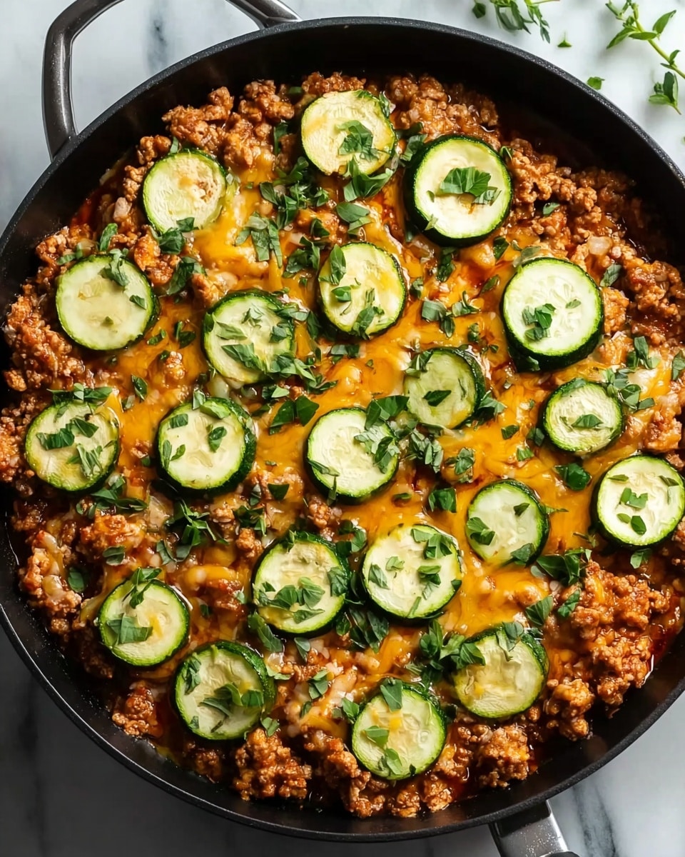 A black pan filled with a cooked dish that has three main layers: the base layer is a mix of browned ground meat and small pieces of onion, the middle layer has round, light green zucchini slices with darker green edges, and the top layer is scattered with bright green chopped herbs and a few whole basil leaves. Small chunks of orange and red bell peppers add pops of color throughout the dish. The pan is placed on a white marbled surface with green basil leaves, whole zucchinis, and small bowls of salt and pepper arranged around it. Photo taken with an iphone --ar 4:5 --v 7