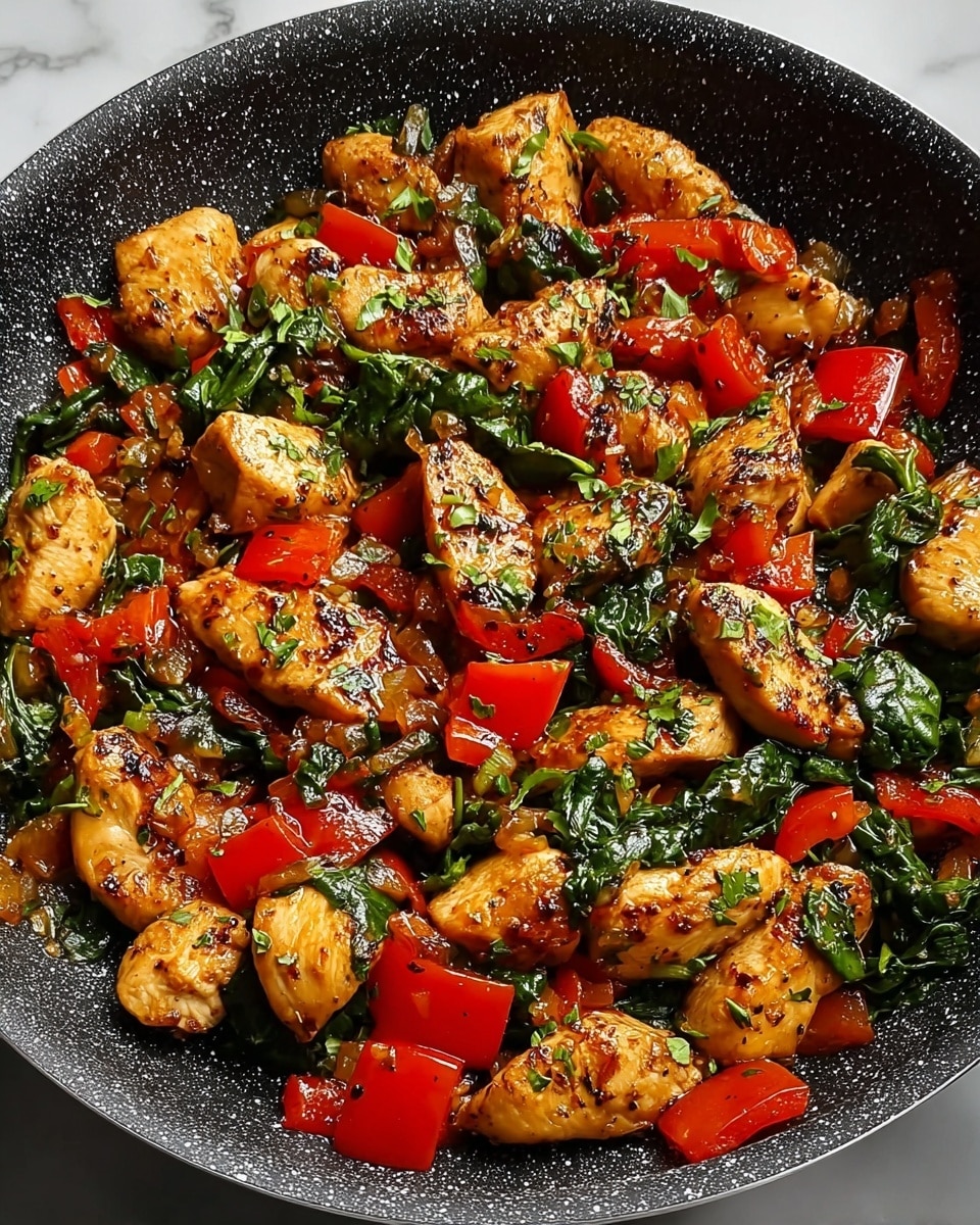 A close-up of a black speckled pan filled with cooked chicken pieces that are golden-brown with a slight char, mixed with bright red bell pepper chunks and dark green wilted spinach. Small bits of light brown onions and sprinkled green herbs are visible throughout, giving a fresh look. The ingredients appear juicy and seasoned, with a glossy finish from the cooking oil. The pan sits on a white marbled surface. Photo taken with an iphone --ar 4:5 --v 7