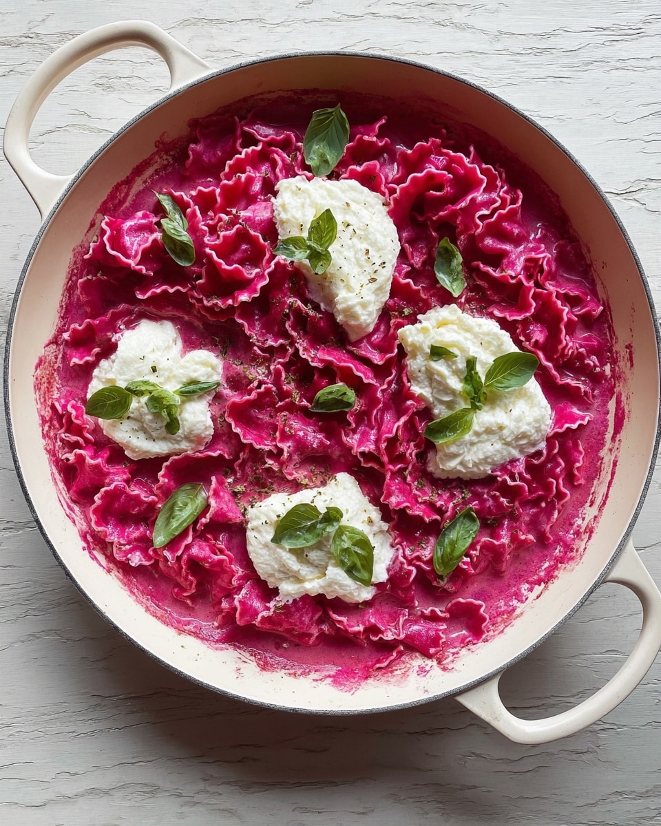 A white pan holds a vibrant pink pasta with ruffled edges, coated evenly in a thick, creamy sauce. Three dollops of soft, white cheese sit on top, contrasting brightly with the pink pasta. Scattered around the cheese are fresh green basil leaves, adding a touch of natural color and freshness. The pan rests on a white marbled surface, enhancing the dish's lively colors. photo taken with an iphone --ar 4:5 --v 7