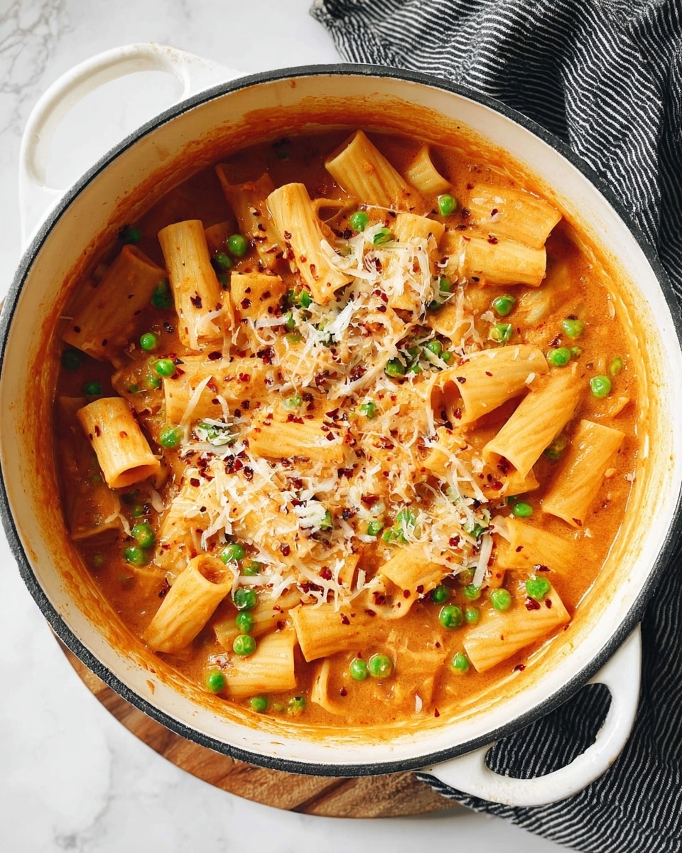 A white round pot filled with rigatoni pasta in a creamy orange-red sauce. The pasta pieces are thick, tube-shaped, and spread evenly across the pot. Bright green peas are scattered throughout the dish, adding color contrast. On top of the pasta, there is a thin layer of finely grated pale yellow cheese sprinkled mainly in the center and left side, along with small red chili flakes adding specks of red. The pot is on a wooden board with a black and white striped cloth near the handle, and the surface beneath is a white marbled texture. Photo taken with an iphone --ar 4:5 --v 7