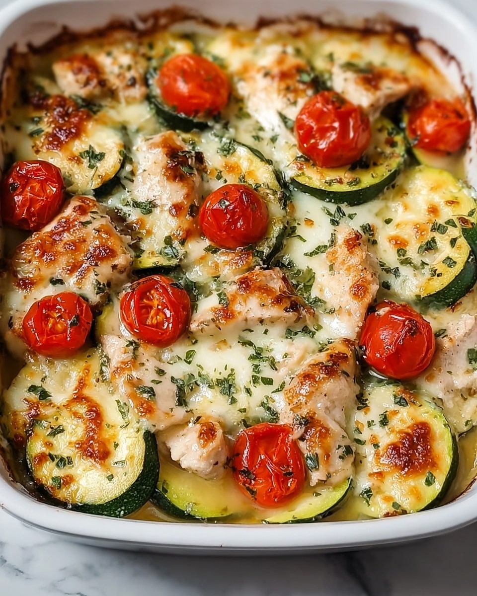 The image shows a white baking dish filled with a baked dish that has three main layers visible: the bottom layer has cooked light beige chicken pieces, the middle layer consists of thick green zucchini slices, and the top layer includes halved roasted red cherry tomatoes and melted golden-brown cheese. The cheese is bubbly, covering the top of the chicken and vegetables unevenly, with sprinkled green herb bits scattered over the dish. The edges of the baking dish and some slightly browned spots of cheese show the baking effect. The dish is placed on a white marbled surface. Photo taken with an iphone --ar 4:5 --v 7