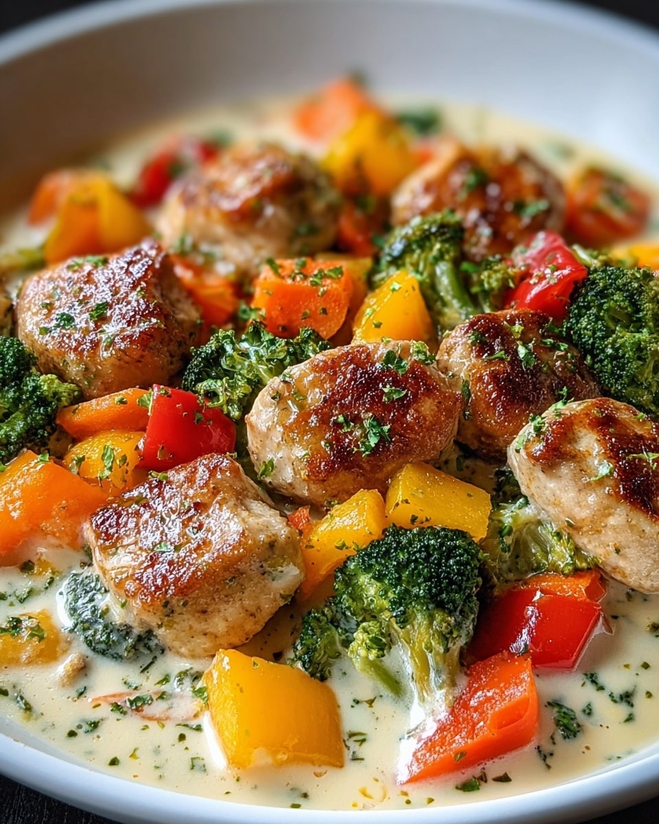 The image shows a close-up of a white bowl filled with a creamy sauce base. On top, there are two main layers: the first layer consists of golden-brown, seared chicken pieces with a slightly crispy texture and sprinkled with small green herb bits. The second layer includes vibrant vegetable chunks such as green broccoli florets, orange carrot pieces, red bell pepper squares, and yellow bell pepper chunks, all mixed evenly among the chicken and sauce. The creamy sauce has a smooth, pale color with some herb specks mixed in, creating a rich and warm look. photo taken with an iphone --ar 4:5 --v 7