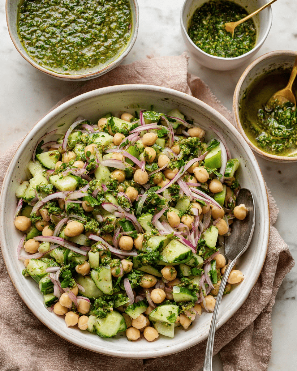 A large white bowl filled with a chickpea and white bean salad mixed with bright green chopped cucumbers, thin slices of purple-red onion, and fresh green cilantro leaves. The salad has a light green herb dressing coating the ingredients, giving a fresh and textured look. To the upper right, there is a white bowl with a coarse green herb sauce and a gold spoon inside. To the upper left, there is a white bowl with a pale green creamy mixture. All bowls are placed on a beige cloth resting on a white marbled surface. photo taken with an iphone --ar 4:5 --v 7
