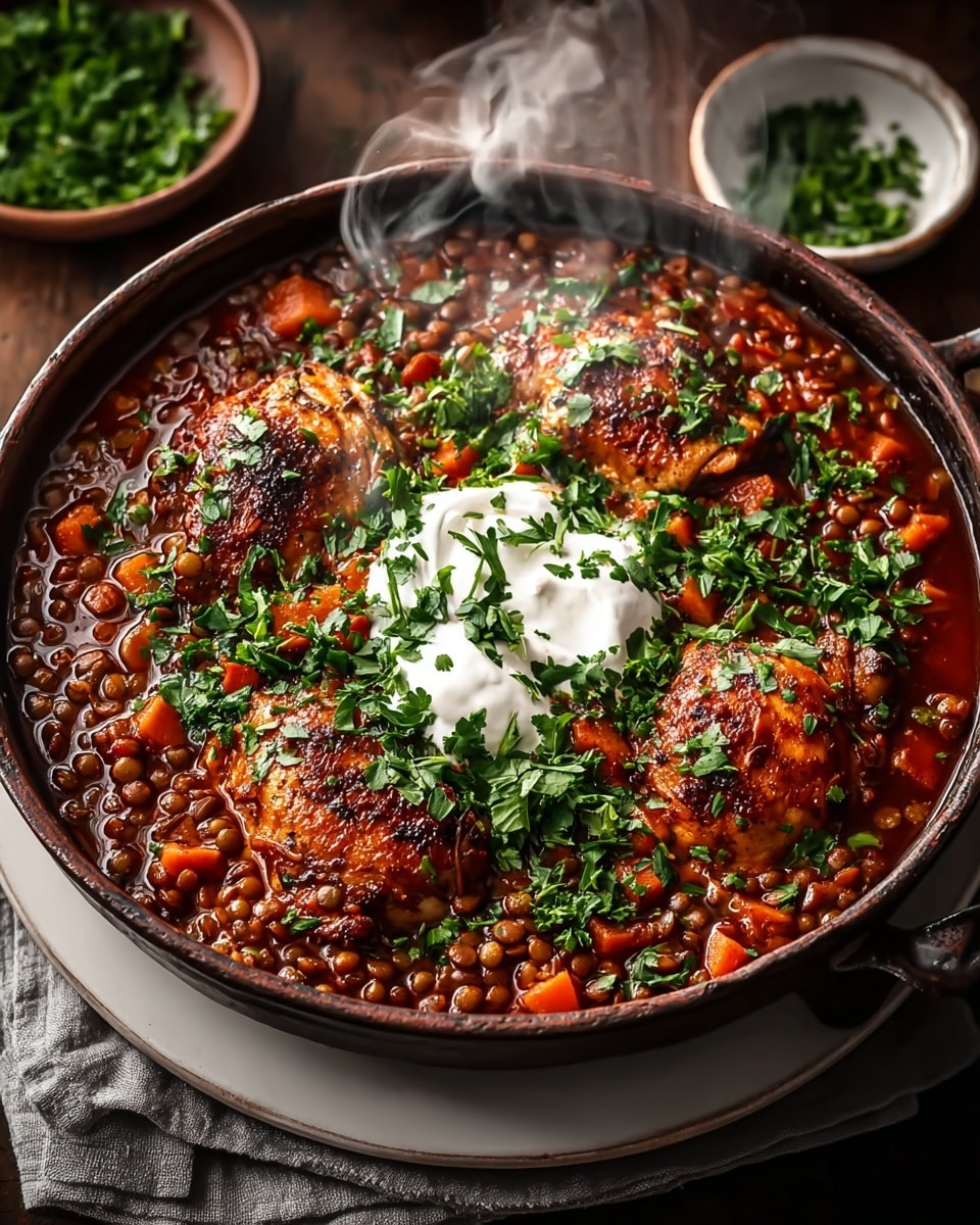 A dark rustic pot filled with three pieces of browned chicken sitting in a thick, rich stew made of small green lentils and diced carrots in a deep reddish-brown sauce, with a dollop of white sour cream in the center topped with chopped fresh green herbs, all steaming hot and garnished generously with more scattered green herbs, the pot set on a folded gray cloth over a white plate, all on a white marbled surface photo taken with an iphone --ar 4:5 --v 7