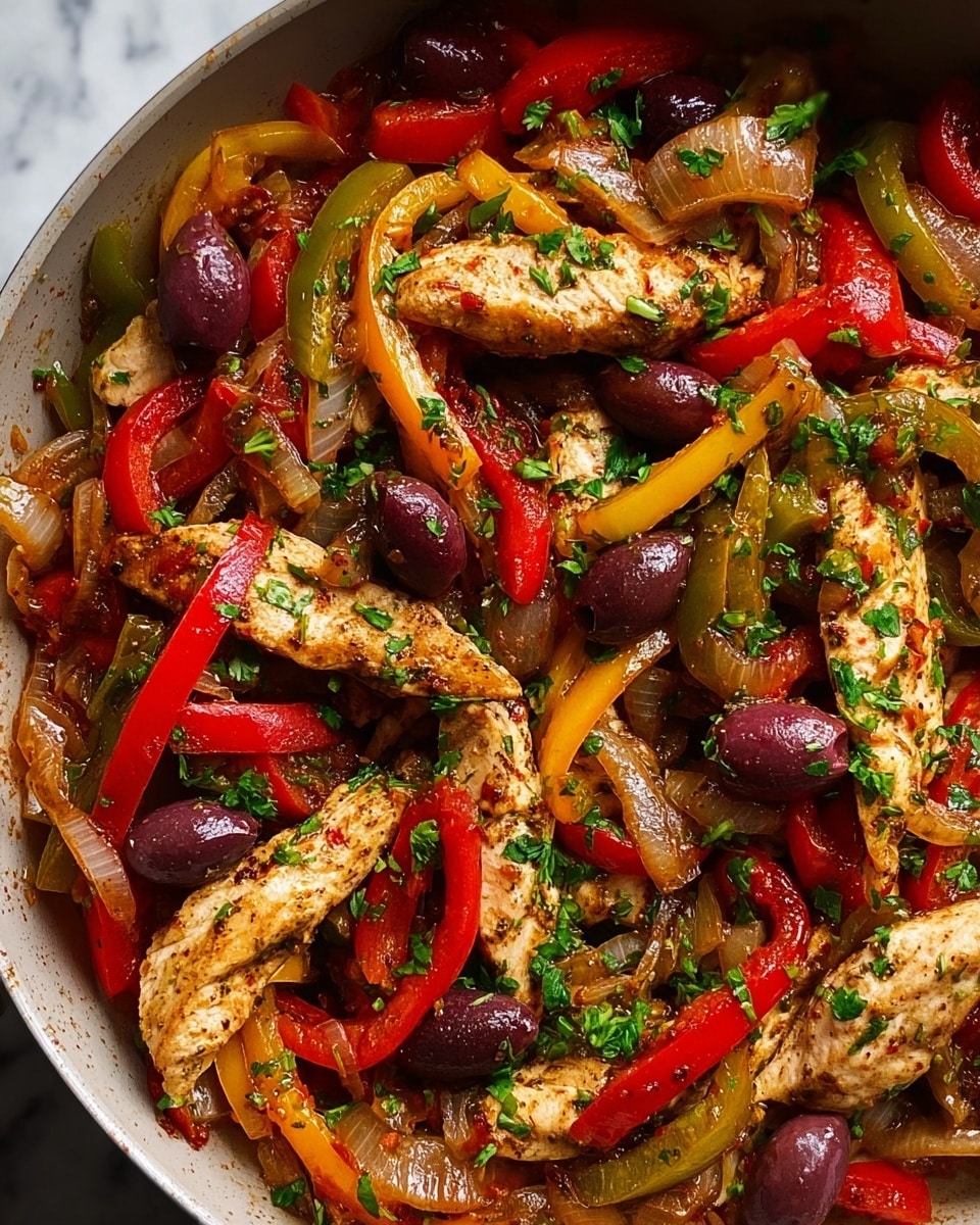 The image shows a close-up of a cooked dish with three main layers: grilled chicken strips, sautéed bell peppers, and cooked onions, all mixed together in a white pan. The grilled chicken pieces are light brown with grill marks and are scattered throughout the dish. The bell peppers are cut into thin strips and have bright red, yellow, and green colors, adding vibrancy. The cooked onions are translucent with light brown edges, blending softly into the mix. Dark purple olives and finely chopped green herbs are sprinkled on top, adding texture and color contrast. The whole dish looks juicy and well-seasoned, sitting on a white marbled surface. photo taken with an iphone --ar 4:5 --v 7