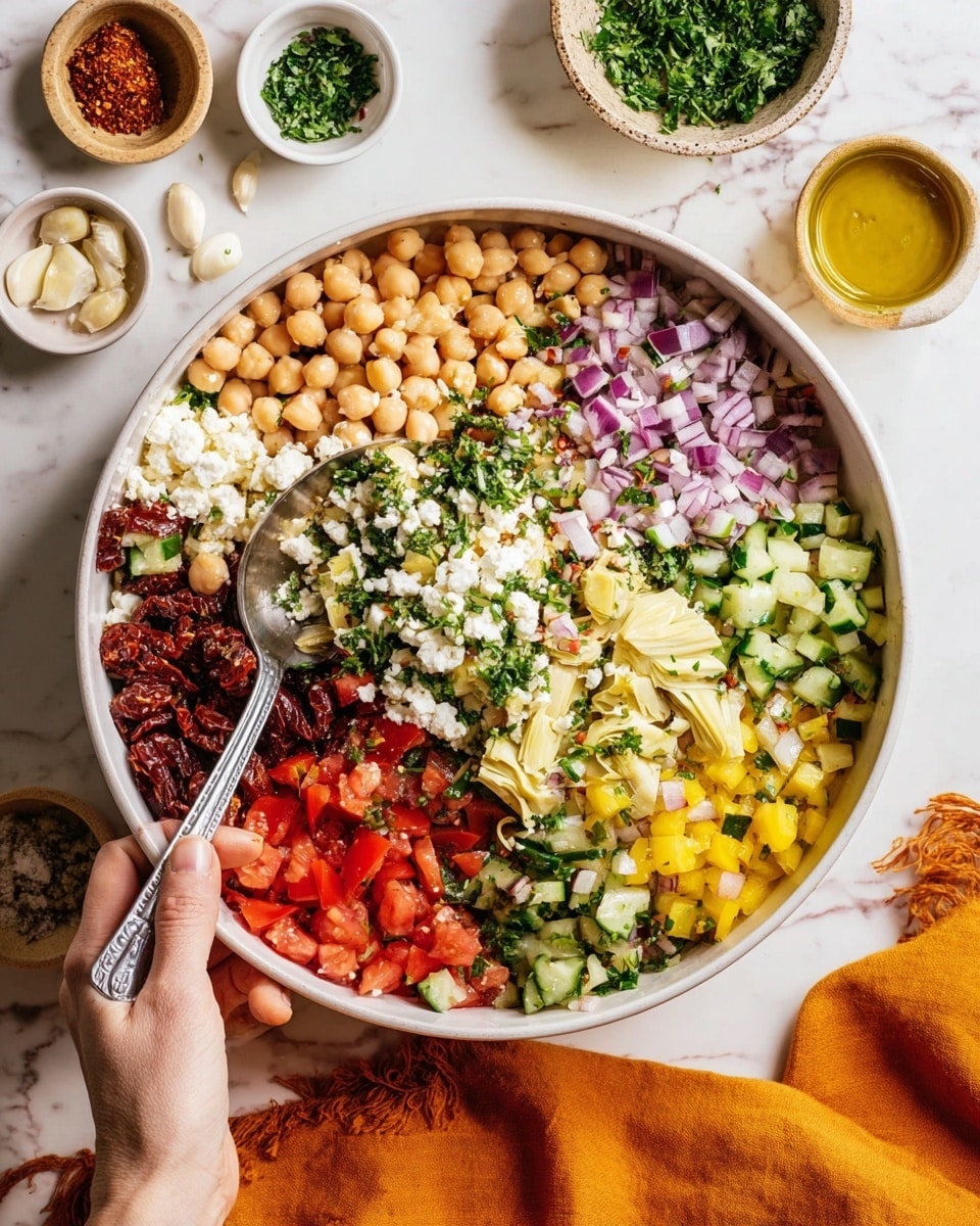 A white ceramic bowl filled with a colorful layered salad made of beige chickpeas and white beans as the main base, mixed with chopped green cucumber, yellow bell pepper, red sun-dried tomatoes, small pieces of white cheese, and finely chopped red onions, all sprinkled with herbs and black pepper. A silver spoon rests inside the bowl, with some salad on it. The bowl sits on a white marbled surface with scattered green herb leaves and two garlic cloves nearby, along with a small bowl of fresh green herbs and a glass of light yellow liquid partially visible. A coral-colored cloth is placed near the bottom right corner. Photo taken with an iphone --ar 4:5 --v 7