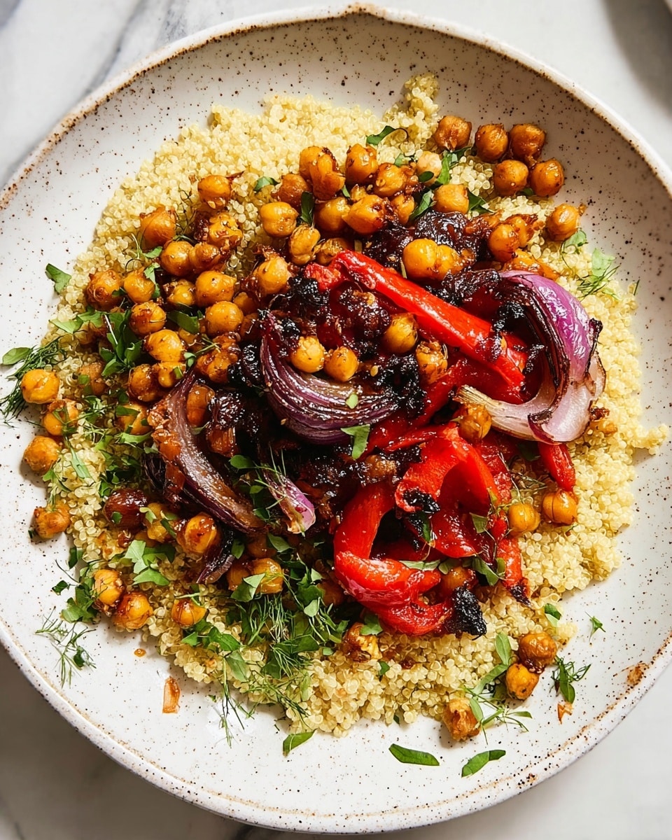 The dish shows a white plate filled with three main layers: the bottom layer is a light beige couscous with a fluffy texture, the middle layer has sautéed red bell pepper strips and roasted purple onion wedges, and the top layer is golden-brown chickpeas mixed with fresh green dill sprigs scattered over them. The plate sits on a white marbled surface. Photo taken with an iphone --ar 4:5 --v 7
