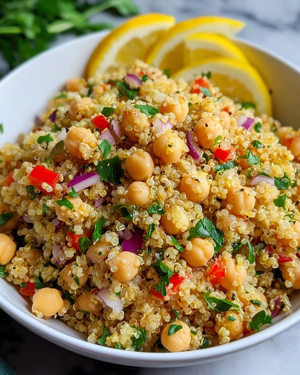 A close-up view of a white bowl filled with a quinoa salad showing three main layers: the base layer is light, fluffy quinoa with a round, slightly translucent texture; mixed evenly with plump, smooth chickpeas in a pale beige color forming the second layer; scattered through the salad are layers of finely chopped red onion pieces in purple, small bright red diced bell peppers, and fresh green parsley leaves, adding vibrant color and texture. Two lemon wedges with bright yellow skin and pale yellow inside are placed on the side of the bowl. The bowl sits on a white marbled surface. photo taken with an iphone --ar 4:5 --v 7