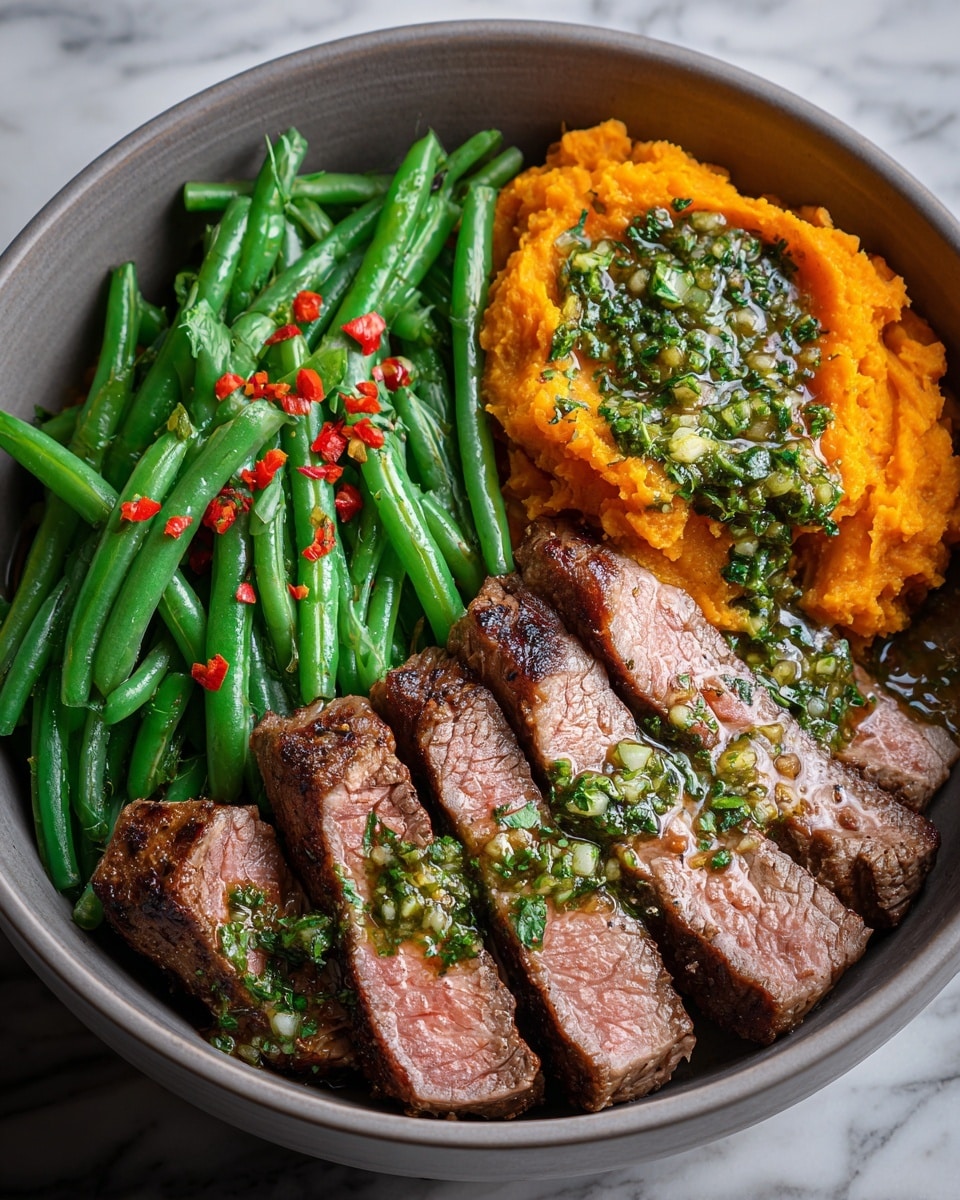 In a round white bowl, there are three main layers arranged side by side: on the left, a pile of bright green cooked green beans sprinkled with small red chili flakes, in the middle, a mound of smooth orange mashed sweet potatoes topped with a green herb sauce that looks like chopped parsley and garlic in oil, and on the right, several thick slices of medium-cooked steak with a brown-grilled exterior and pink center, also drizzled with the same green herb sauce and bits of chili. The bowl sits on a white marbled surface. photo taken with an iphone --ar 4:5 --v 7