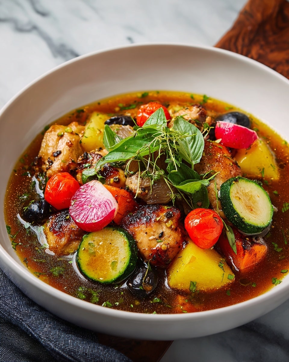 A dark brown bowl filled with a rich, chunky vegetable and chicken stew resting on a white marbled texture. The stew has visible layers including golden-brown grilled chicken pieces, bright orange carrot chunks, yellow potato pieces, and green zucchini slices, all swimming in a clear, seasoned broth with green herbs sprinkled on top. A silver spoon lifts a piece of browned chicken, yellow potato, and green zucchini above the bowl. A piece of lightly toasted bread with a porous texture rests on the edge of the bowl. Photo taken with an iphone --ar 4:5 --v 7