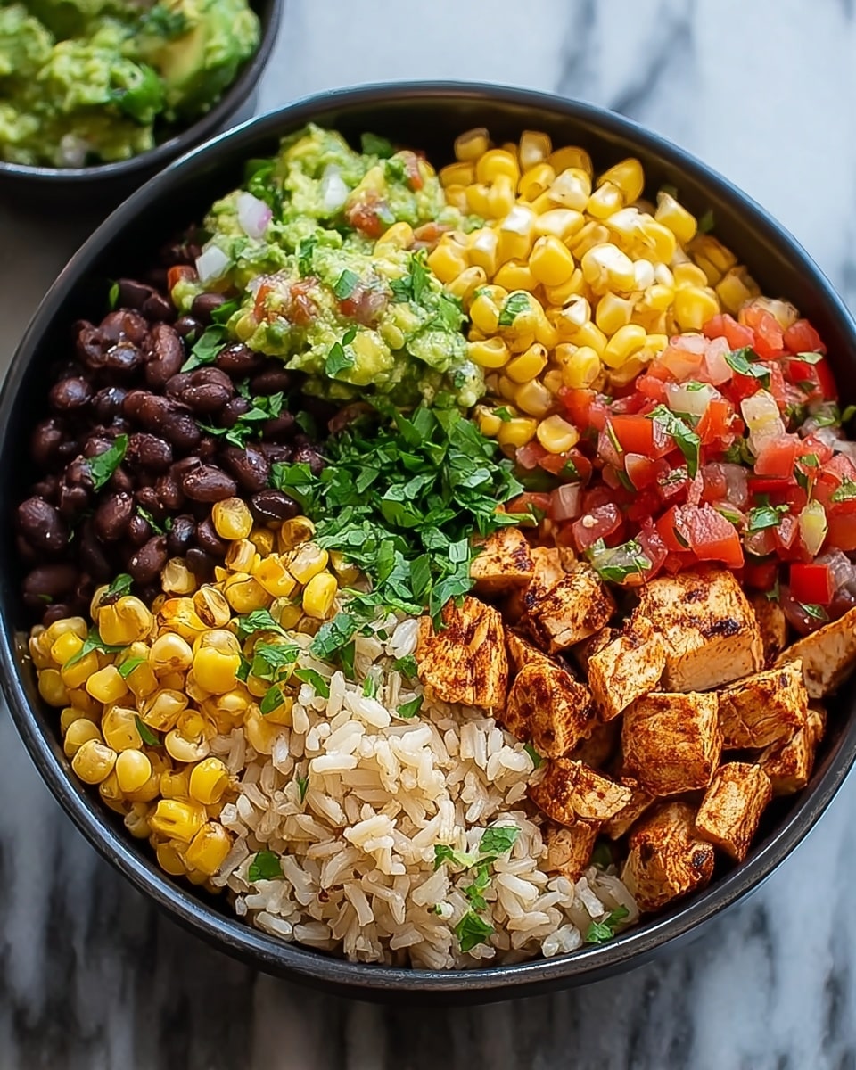 A black bowl filled with five distinct layers arranged side by side: at the bottom left, light brown rice mixed with yellow corn kernels and sprinkled with green herbs, next to it, mixed black beans and diced grilled chicken pieces with a reddish seasoning; above that, grilled corn kernels with a golden yellow color; next to the corn, diced red tomatoes with fresh green cilantro; and to the left of the tomatoes, a chunky green avocado salsa with bits of white onion and red tomatoes. The bowl sits on a white marbled surface with parts of two more bowls blurred in the background. Photo taken with an iphone --ar 4:5 --v 7