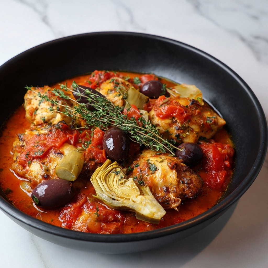 The dish is served in a black bowl filled with a rich tomato-based sauce that is vibrant red with chunks of tomato visible. Nestled in the sauce are multiple pieces of pale golden cooked chicken, giving a slightly browned texture on the outside. Among the chicken pieces are dark purple whole olives and light green, quartered artichoke hearts with soft layered leaves. Fresh sprigs of green thyme are scattered over the top, adding a fresh touch. The bowl sits on a white marbled surface, emphasizing the colors of the dish. Photo taken with an iphone --ar 4:5 --v 7