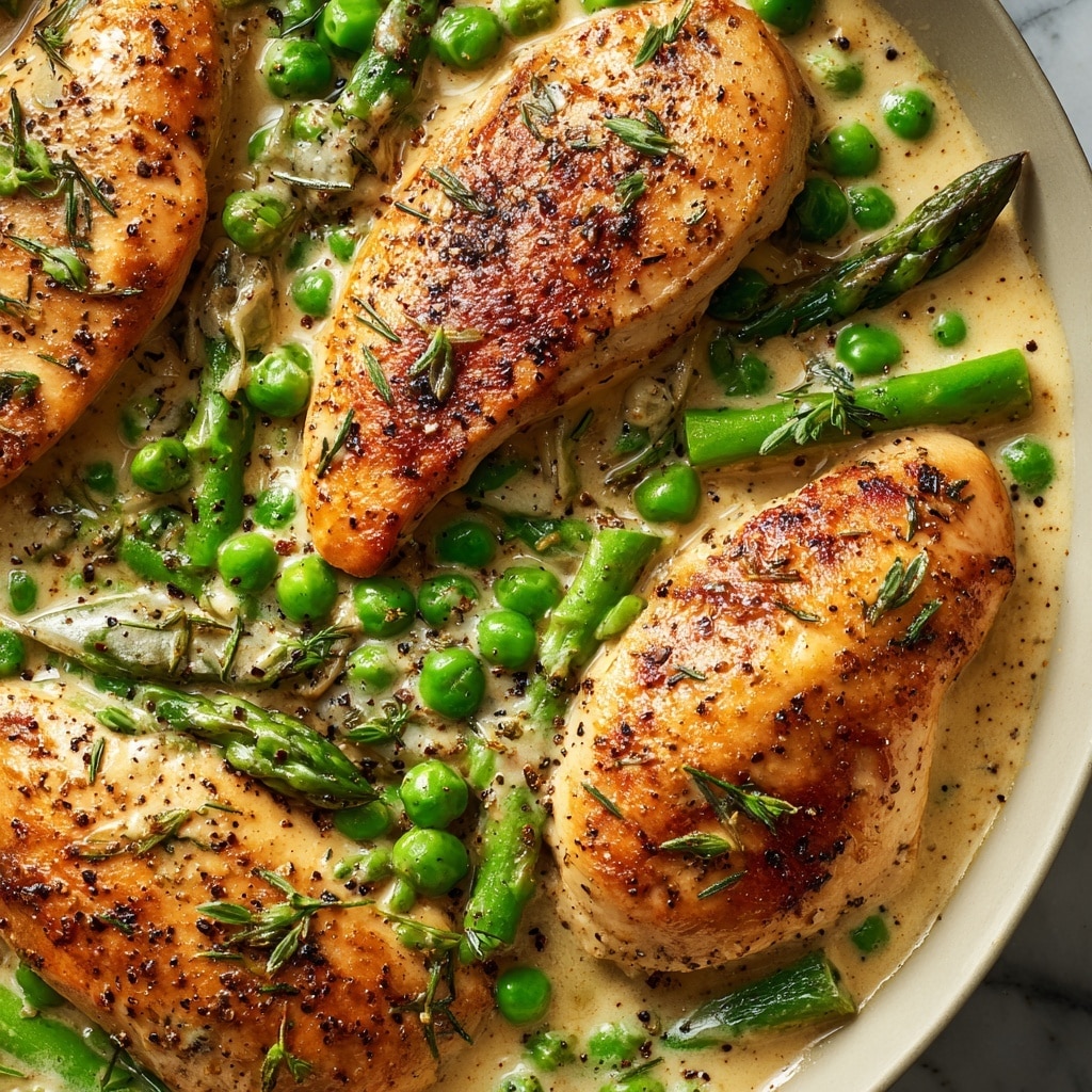 A close-up view of a creamy dish showing four browned chicken breasts partially covered in a light beige sauce, scattered with bright green peas and pieces of asparagus. The chicken has specks of black pepper and herbs on its golden-brown surface. The sauce is smooth and thick, filling the spaces between the chicken and vegetables. The overall texture looks rich and the vibrant green vegetables contrast with the creamy color of the sauce and chicken. The background is a white marbled texture. photo taken with an iphone --ar 4:5 --v 7