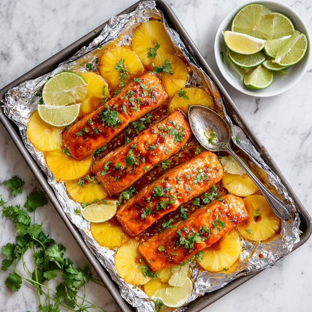 The image shows a baking tray lined with shiny foil, holding four large pieces of cooked salmon with a bright orange color and a slightly glossy texture from a sticky glaze. Underneath the salmon, there are round slices of yellow pineapple arranged in a single layer covering the tray. The salmon is topped with small green cilantro leaves and thin lime wedges, adding pops of green and light yellow. A shiny silver spoon rests in one corner of the tray, coated with the same glaze. The tray is set on a white marbled surface with a small white bowl filled with lime wedges and some sprigs of fresh cilantro visible nearby. photo taken with an iphone --ar 4:5 --v 7