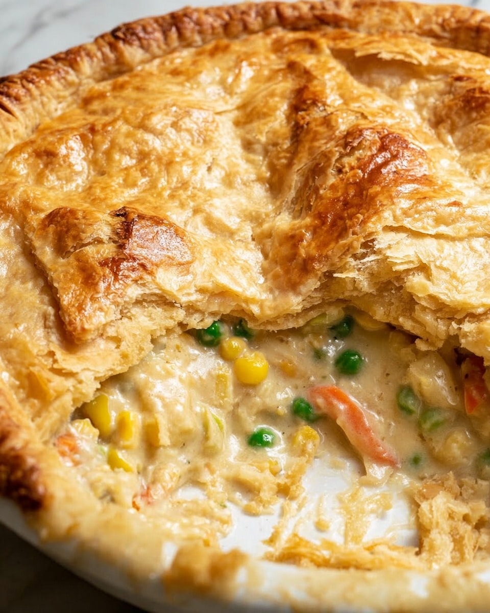 A close-up of a golden brown, flaky pie crust with a rough, layered texture on top, slightly broken open to reveal a creamy filling beneath. The filling shows mixed vegetables including green peas, yellow corn, and thin orange carrot strips in a thick, light beige sauce. The pie is placed in a deep white bowl, with some crumbs scattered around the edges, all set against a white marbled surface. photo taken with an iphone --ar 4:5 --v 7
