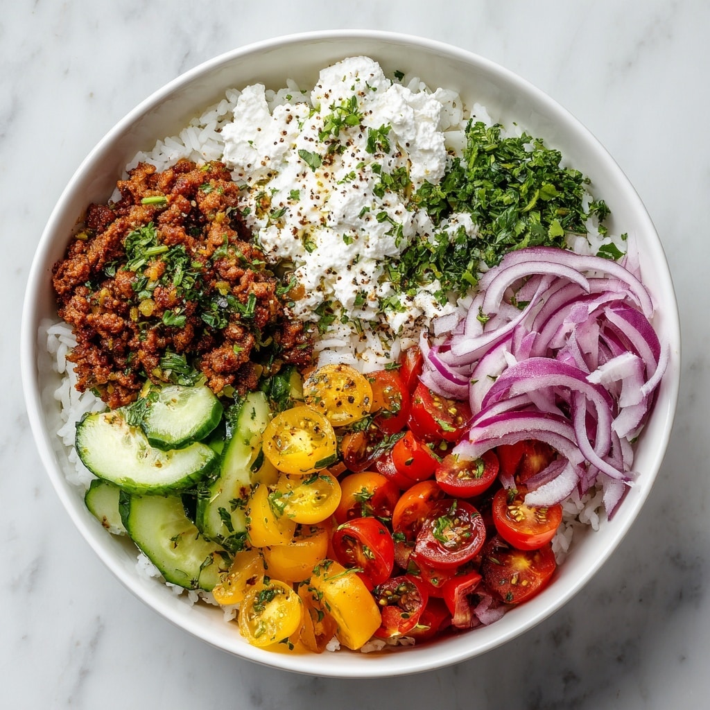 A white bowl sits on a white marbled texture, filled with a colorful layered salad. At the bottom is a bed of white rice, topped with five distinct sections arranged around the bowl’s edge. One section has cooked ground meat with a crumbly texture and brown color, sprinkled with green herbs. Next to it are whole and halved red and yellow cherry tomatoes mixed with fresh green herbs. Another section contains a creamy white mixture with a slightly chunky texture, also garnished with herbs and a sprinkle of black pepper. There are thin slices of purple onion and two sections of green cucumber slices, one with thin round slices and the other with wavy slices. The ingredients are fresh and vibrant, creating a visually appealing mix of colors and textures. photo taken with an iphone --ar 4:5 --v 7