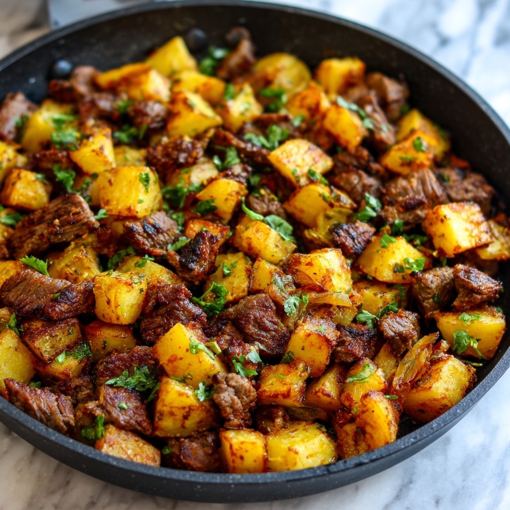 The image shows a close-up of a black pan filled with cooked cubed beef and golden brown roasted potato pieces. The beef chunks are dark brown with a seared texture, mixed evenly with the potato pieces that are crisp on the outside and soft inside. Small bits of minced garlic are scattered on top along with sprigs of fresh green parsley, adding a pop of color. The black pan contrasts with the warm colors of the food, and the background is a white marbled surface. photo taken with an iphone --ar 4:5 --v 7