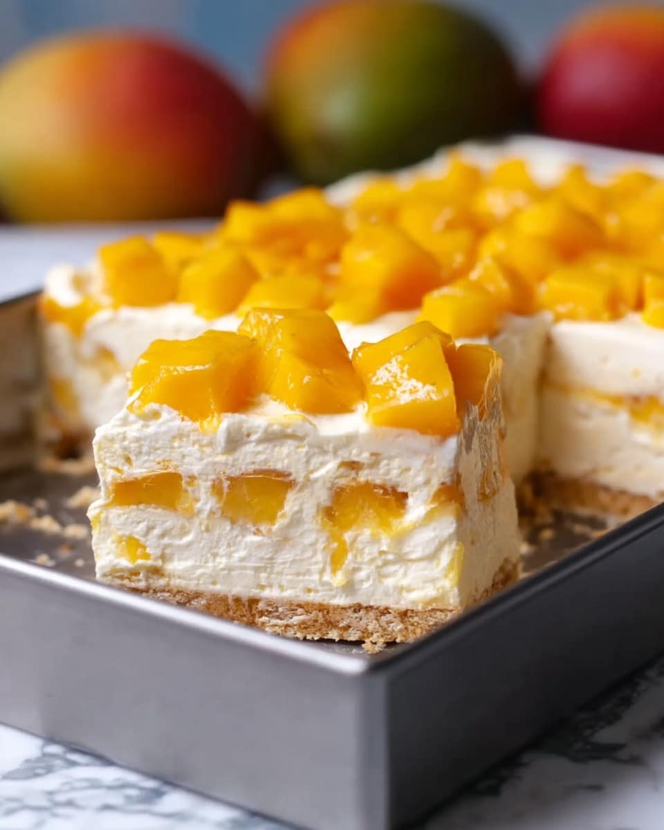 The image shows a slice of layered mango dessert in a metal tray. It has a bottom layer of light brown crust, followed by creamy white layers of filling mixed with pale yellow mango pieces. On top, there is a thick layer of whipped cream or mousse, with shiny, bright yellow mango cubes and slices arranged neatly. The background is a white marbled texture with blurred mangoes in the distance. photo taken with an iphone --ar 4:5 --v 7
