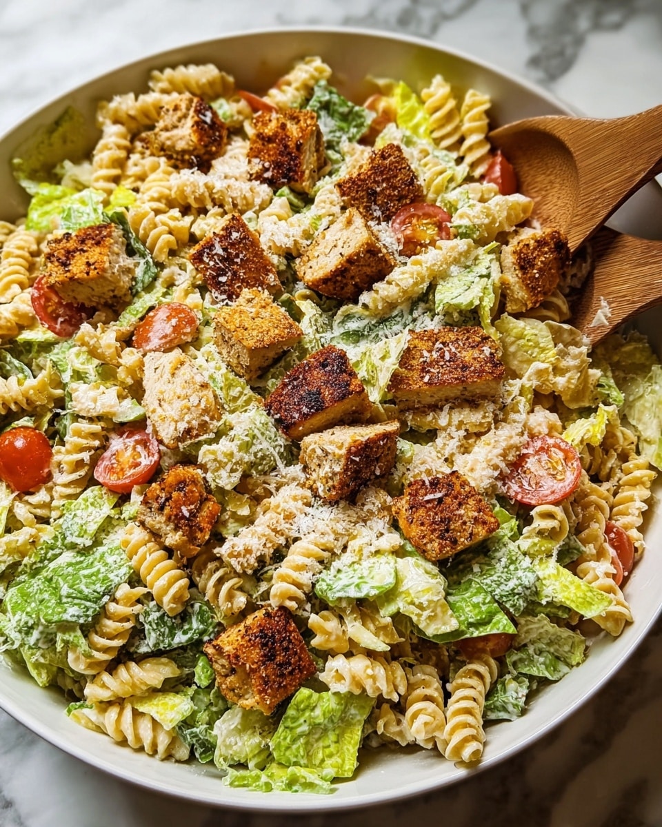 A large white bowl filled with a mixed salad consisting of several layers. The bottom layer is a bed of farfalle pasta in a pale yellow color. Over the pasta, chopped green romaine lettuce pieces are scattered along with halved red cherry tomatoes, adding bright pops of color. Chunks of cooked white chicken are layered throughout, coated lightly with creamy dressing. Golden brown toasted croutons are spread on top, giving a crunchy texture, and the entire salad is sprinkled with finely grated white cheese and small specks of black pepper. A wooden spoon is partially placed inside the bowl resting on top of the salad. The bowl is set on a surface with a white marbled texture. photo taken with an iphone --ar 4:5 --v 7