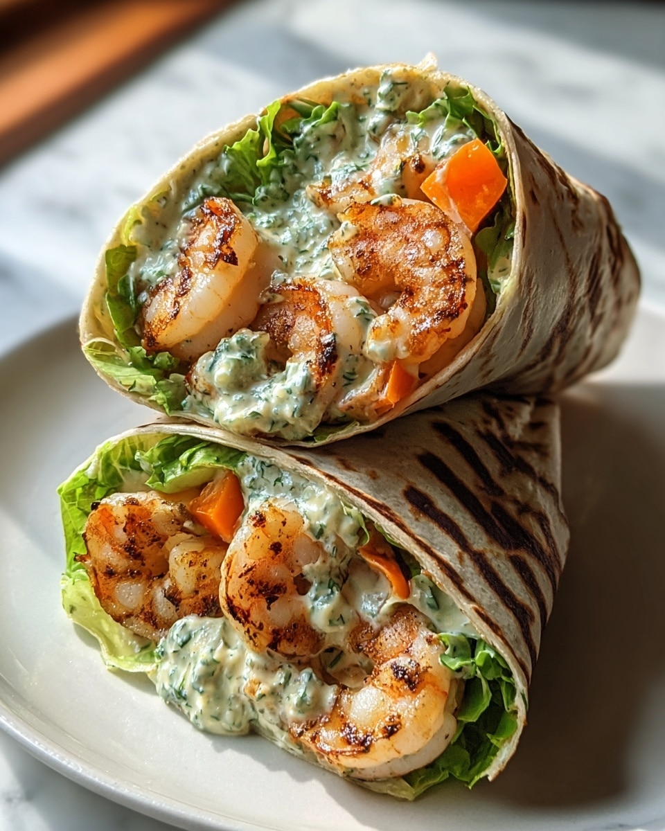 The image shows three grilled shrimp wraps stacked closely on a white plate, each wrap made from a light brown grilled tortilla with visible grill marks. Inside the wraps, there are two layers of bright orange grilled shrimp with charred spots on the outer layer, sitting on a bed of fresh bright green lettuce leaves. Scattered among the shrimp and lettuce are small pieces of red tomato, and a creamy light yellow sauce is spread inside the tortilla, visible around the shrimp and lettuce. The wraps are tightly rolled, showing a mix of soft textures from the sauce, crunchy lettuce, and juicy shrimp, all set against a white marbled surface. photo taken with an iphone --ar 4:5 --v 7