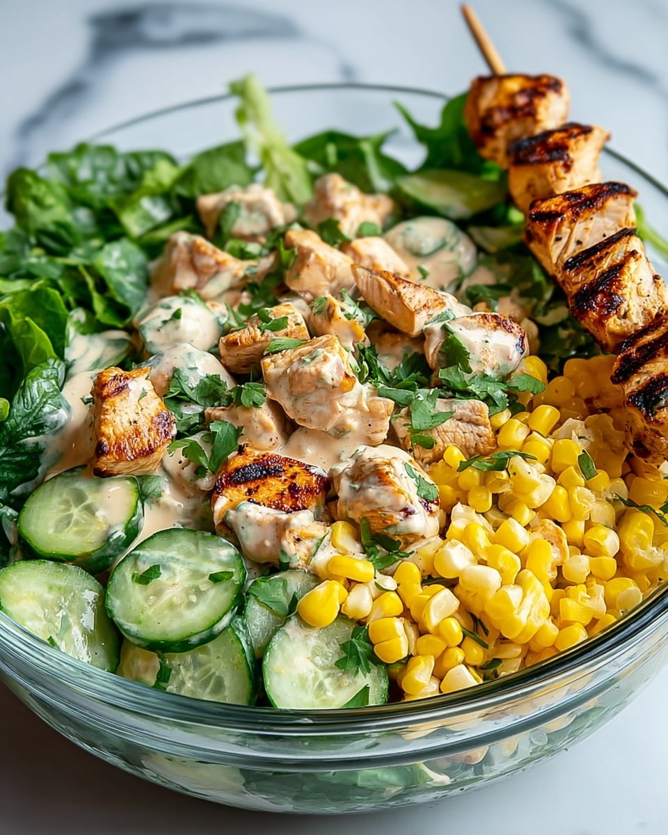 A clear glass bowl filled with a colorful salad, showing three main layers: the base layer has chunky cucumber slices in light green with a shiny, juicy texture, mixed with bright yellow corn kernels; above that, there are medium-sized grilled chicken chunks with a golden-brown, slightly charred surface, scattered evenly; all the layers are lightly coated with a creamy dressing and sprinkled with small green cilantro leaves. In the background, fresh cilantro greens are slightly out of focus on a white marbled surface. photo taken with an iphone --ar 4:5 --v 7