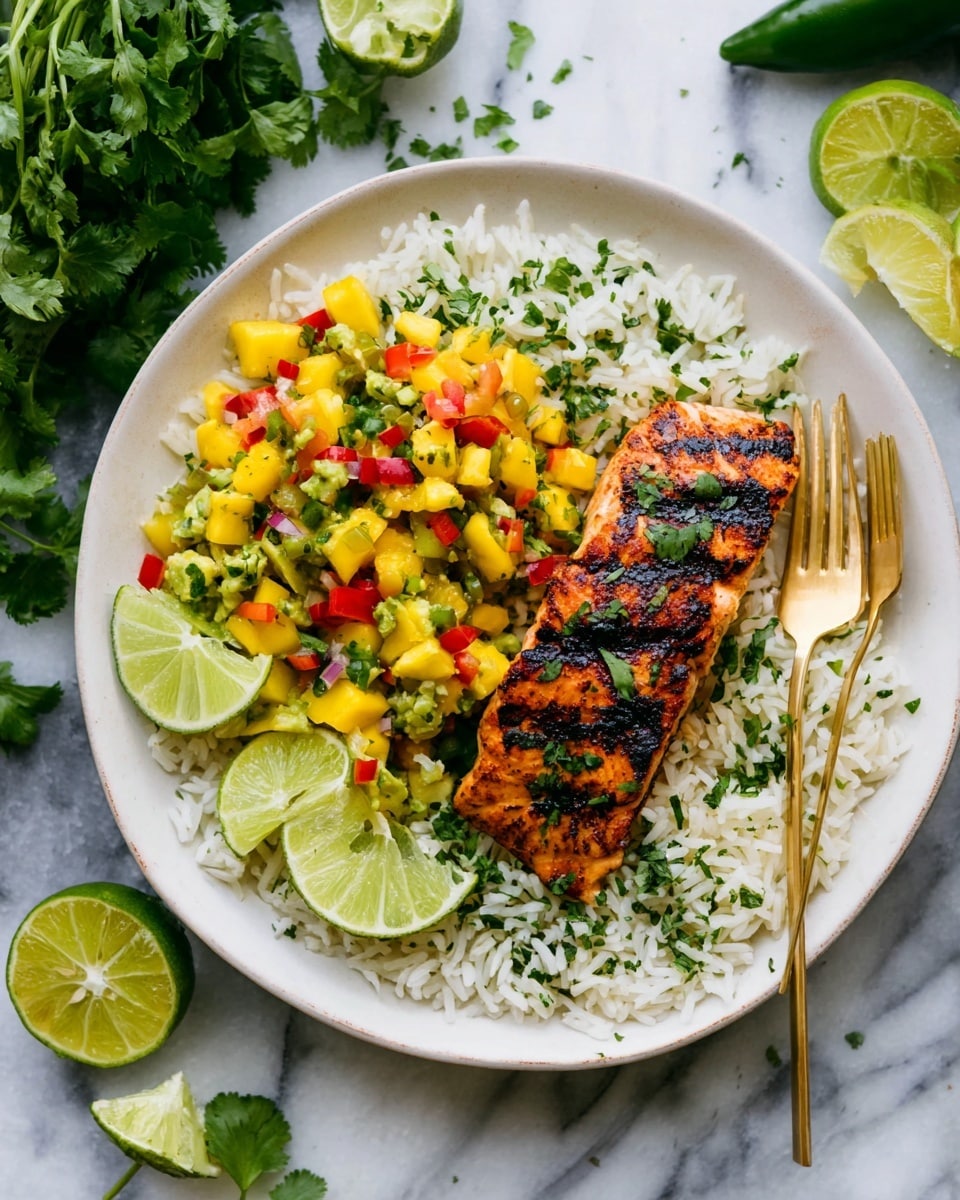 A round white plate sits on a white marbled surface, filled with a base layer of fluffy white rice mixed with chopped green herbs all around the edge. On top of the rice, to the right, there is a grilled salmon fillet with dark grill marks and green herb pieces on its light orange surface. On the left side of the salmon, there is a colorful salsa made of small chunks of yellow mango, red bell pepper, and green avocado, mixed with herbs. Fresh green cilantro leaves are placed beside the salsa. Lime wedges with bright green skin and light yellow inside are arranged around the cilantro and near the salmon. A gold fork rests on the right side of the plate, partially on the salmon and rice. The photo includes parts of a green jalapeño, a lime wedge, and some fresh cilantro on the marbled background. photo taken with an iphone --ar 4:5 --v 7