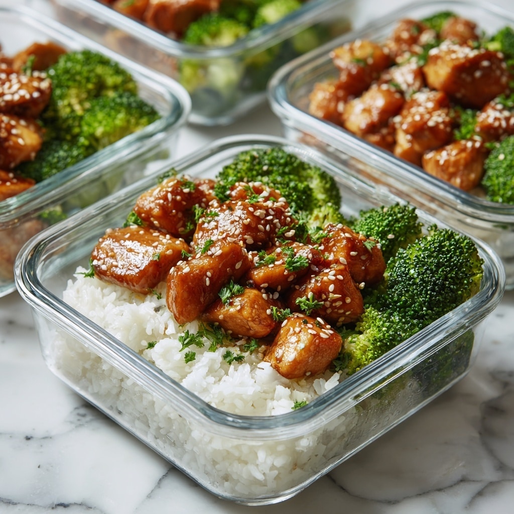 A clear glass rectangular container holds three layers of food: the bottom layer is white cooked rice with a fluffy and grainy texture, the middle layer is bright green steamed broccoli with a slightly rough surface, and the top layer is golden-brown chicken pieces with a glossy sauce, sprinkled lightly with sesame seeds and small green herbs, giving it a rich, shiny look. The container sits on a white marbled surface, and three similar containers are slightly blurred in the background, each filled with the same food layers. photo taken with an iphone --ar 4:5 --v 7