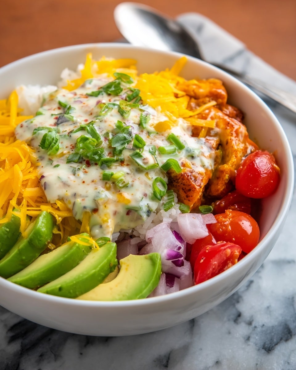 A white bowl filled with several layers starting at the bottom with white rice, topped with slices of avocado and celery, a layer of bright orange shredded carrots, a sprinkle of green onions, and thin orange slices of cheddar cheese. On one side are halved red cherry tomatoes, and on top sits a creamy white sauce with herbs spread over the center. The bowl is placed on a white marbled textured surface with a metal fork positioned behind it. photo taken with an iphone --ar 4:5 --v 7