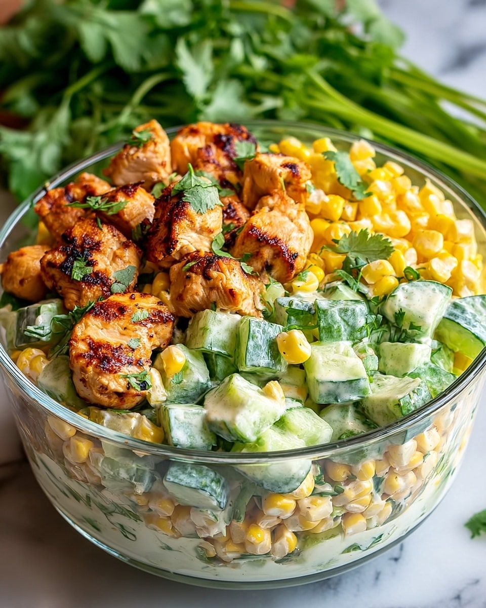 The image shows a clear glass bowl filled with a fresh salad. The bottom layer consists of thick cucumber slices and some green leafy herbs, mixed with a creamy light beige dressing. Next, bright yellow corn kernels are scattered evenly across the salad. On top, there are grilled chicken chunks with light brown grill marks, mixed with small green herb leaves. A skewer with grilled chicken pieces leans against the bowl on the right side. The background is a white marbled texture. photo taken with an iphone --ar 4:5 --v 7