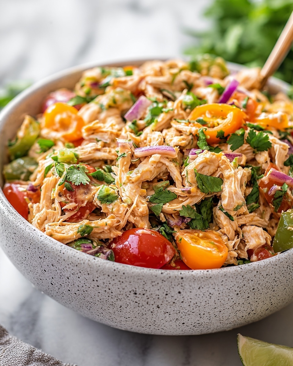 A close-up view of a bowl filled with shredded chicken mixed with colorful chopped vegetables including red cherry tomatoes, yellow bell peppers, green cucumber pieces, orange carrot shreds, and thin slices of purple onion. The chicken pieces are light brown and tender-looking, layered evenly with the fresh vegetables and sprinkled with small green herbs. The bowl is white with a dark pattern on the edge, placed on a white marbled surface, and a fork is resting inside the bowl on the right side. The image shows fresh, vibrant textures and colors. photo taken with an iphone --ar 4:5 --v 7