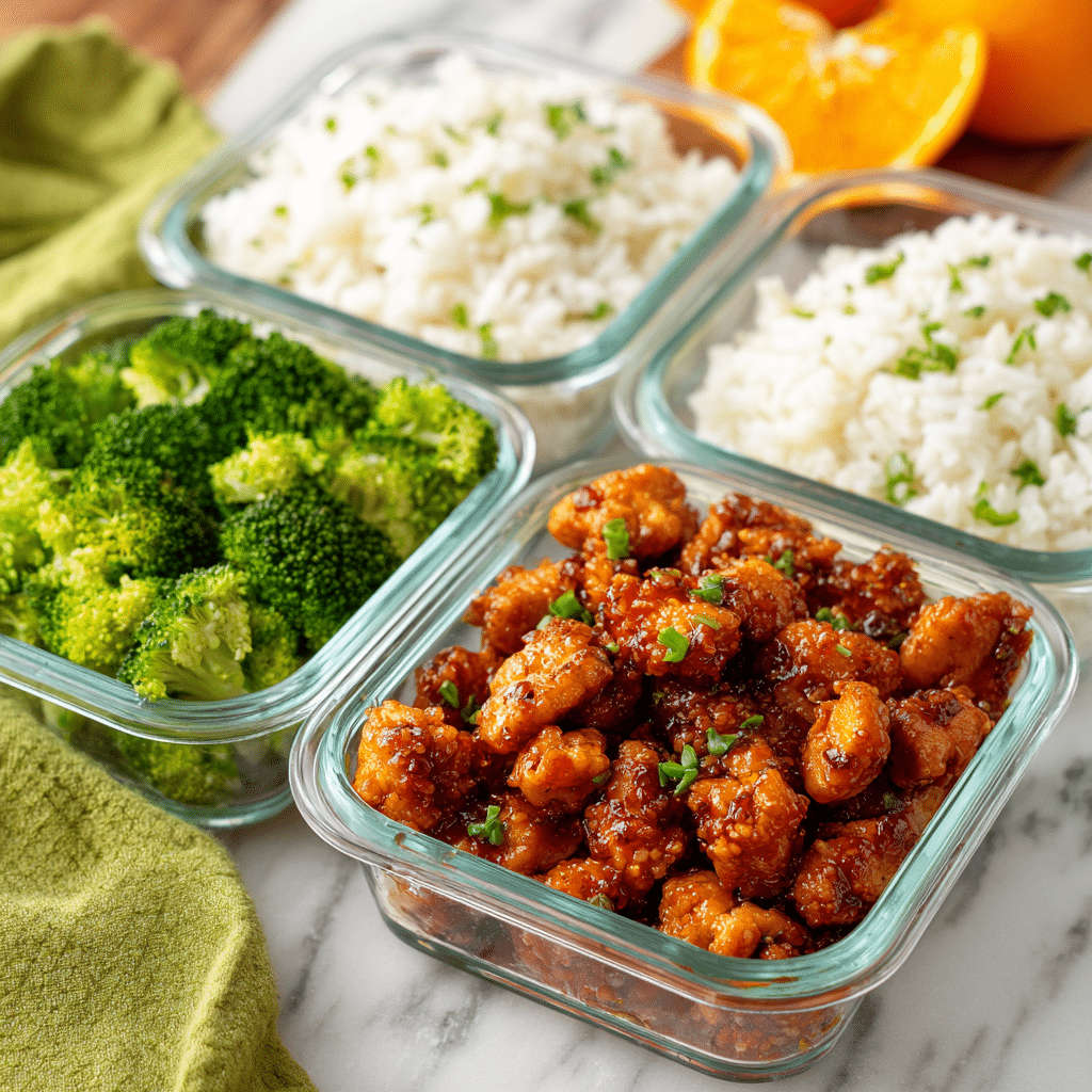 Four clear square glass containers are shown, each divided into three sections. One section has bright green broccoli florets with a rough texture, another section contains fluffy white rice with a soft, grainy look, and the last section is filled with small pieces of cooked chicken coated in a shiny, reddish-brown sauce with small green herb bits. The containers are placed on a white marbled surface, with a blurred green cloth and orange wedges in the background. photo taken with an iphone --ar 4:5 --v 7