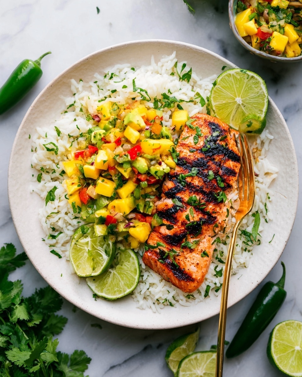 Cilantro Lime Chicken with Mango-Avocado Salsa and Citrus-Lime Rice Recipe