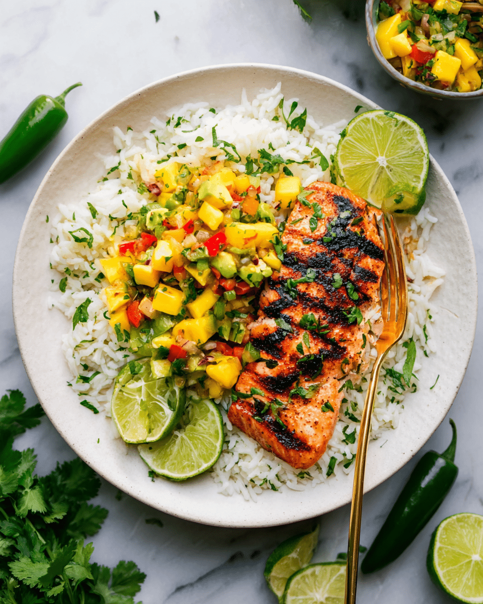 A round beige plate filled with a base layer of white rice mixed with green herbs, topped with a grilled salmon piece that has dark grill marks and a glaze with green herb specks. On one side of the salmon, there is bright yellow mango salsa with red and green bits, and fresh green cilantro leaves arranged next to it. Two lime wedges are placed on the rice near the bottom right of the plate. A gold fork rests beside the salmon on the right edge. The plate sits on a white marbled textured surface with limes, cilantro, avocado halves, and a jalapeño scattered around. Photo taken with an iphone --ar 4:5 --v 7
